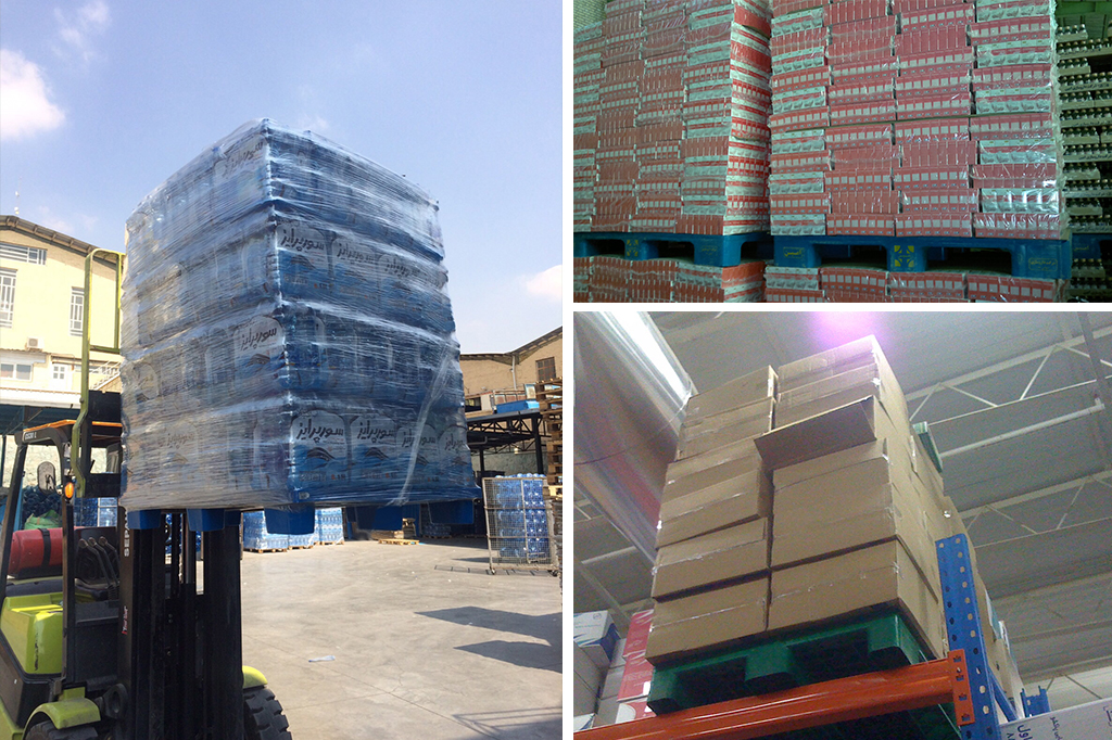 mineral water boxes and medicine cartons on the plastic pallet