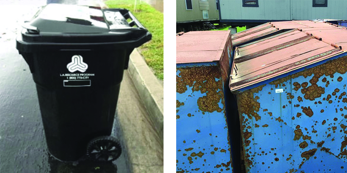 the left image shows how strong and healthy the plastic waste bin against rain and water. the right image shows the metal waste bins can easily rust outdoor. 