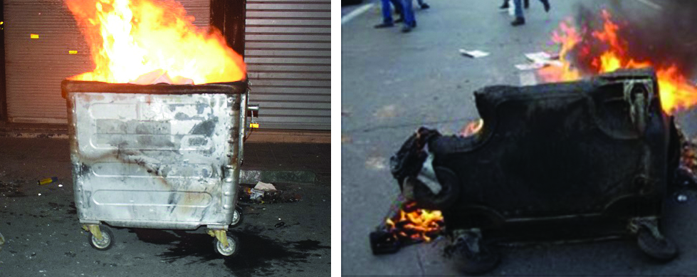 the left image is the metal waste container got fire and still resists. the right image is the plastic waste bin got fire and is melting