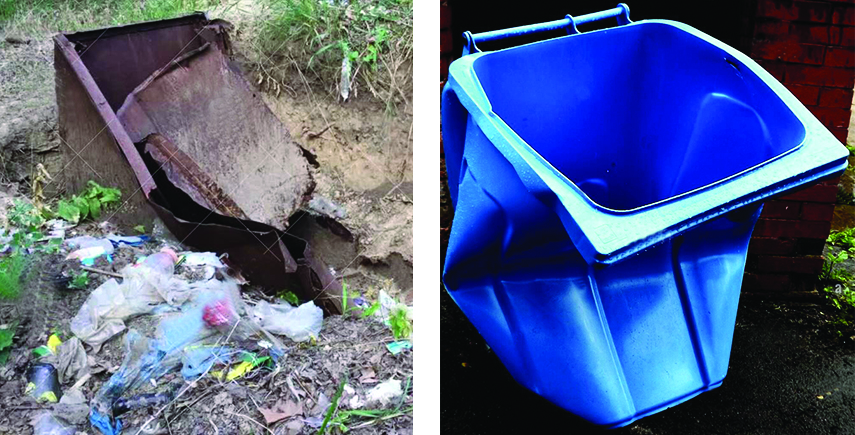 the left image shows the broken, rusted metal waste bins in the environment. the right image shows the plastic waste bins bend and deform against harsh hit but not broken