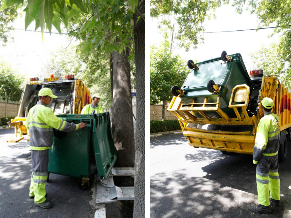 in the left side the workers are moving mobile garbage bin, the right side the lifting vehicle emptying the waste bin