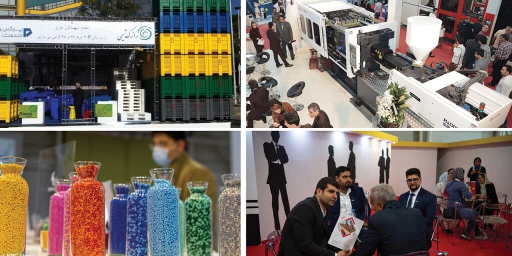 top left photo is a booth of finished- products (plastic waste bin, Plastic Pallet & plastic box pallet). top right photo is a booth that present injection machine. right bottom photos are colored polymeric raw material in different small bottles. left bottom pho describes a business meeting about offering services to prospects. 