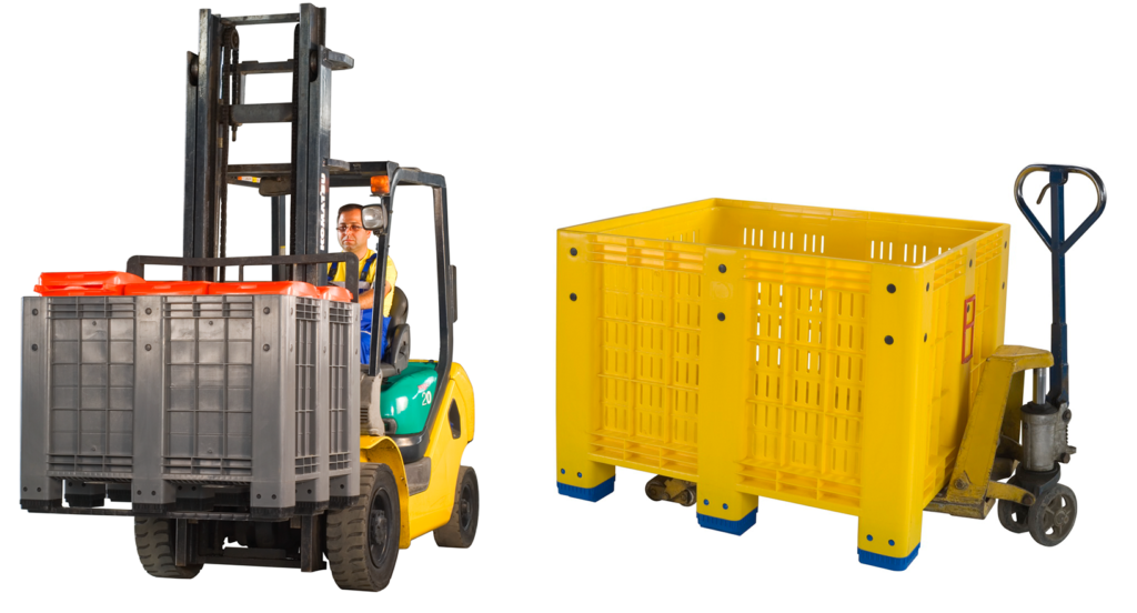 the Left photo describe handling a plastic box pallet with a forklift. The right plastic pallet shows it is compatible with hand-jack. 