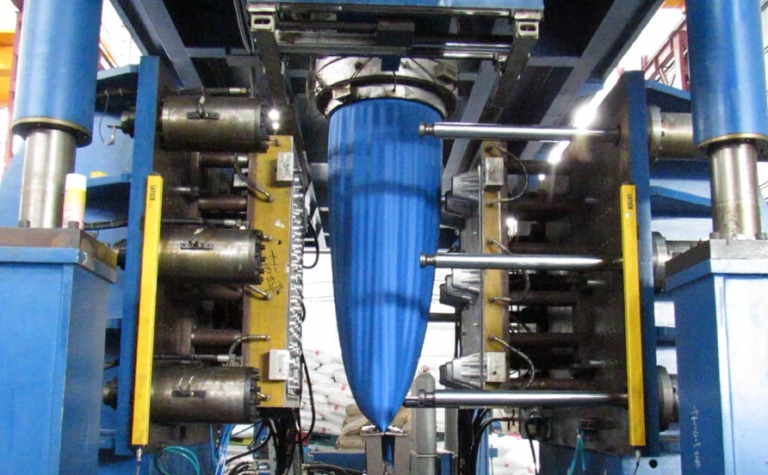 Left photo describes a process of blow molding process production method. 