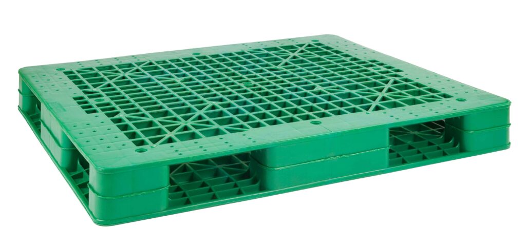 The picture shows a reversible Green Plastic Pallet and it is in heavy-duty plastic pallet group. 