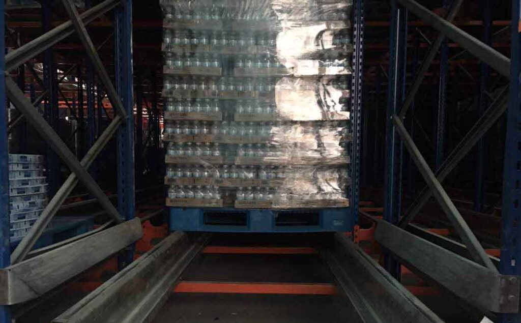 the middle photo describes a blue plastic pallets in medium-duty loading capacity with 3 skid runners holding bottles of mineral water