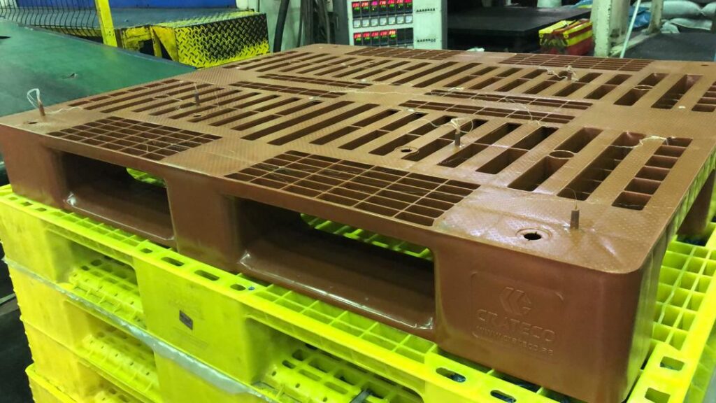 Left photo describes a brown ventilated pallet made by OP (recycled HDPE)