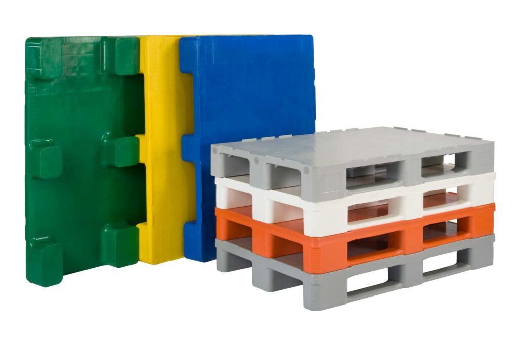 there are different sizes and color of hygienic plastic pallets with nine kegs or three skid runners