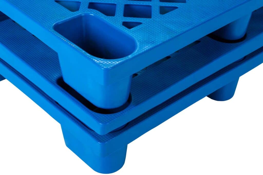 There are three nestable plastic pallets which the legs of these plastic pallets go into each other, 