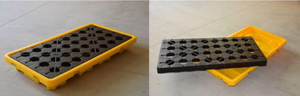there is a yellow/black color plastic spill pallet which shows how to open its basin